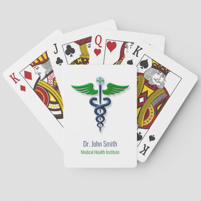 Stylish Caduceus Green Wings Medical Cross Blue Playing Cards (Back)