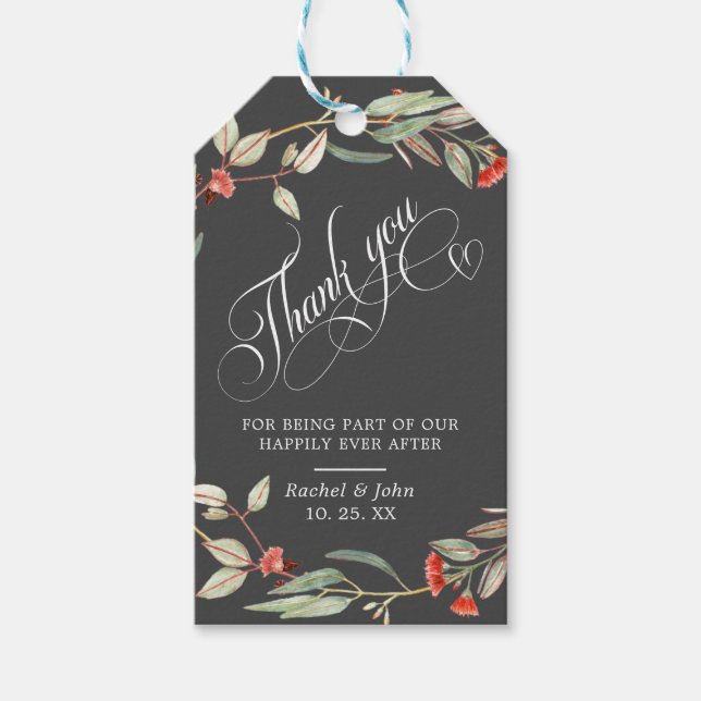 Stylish Calligraphic Script Thank You Floral Grey Gift Tags (Front)