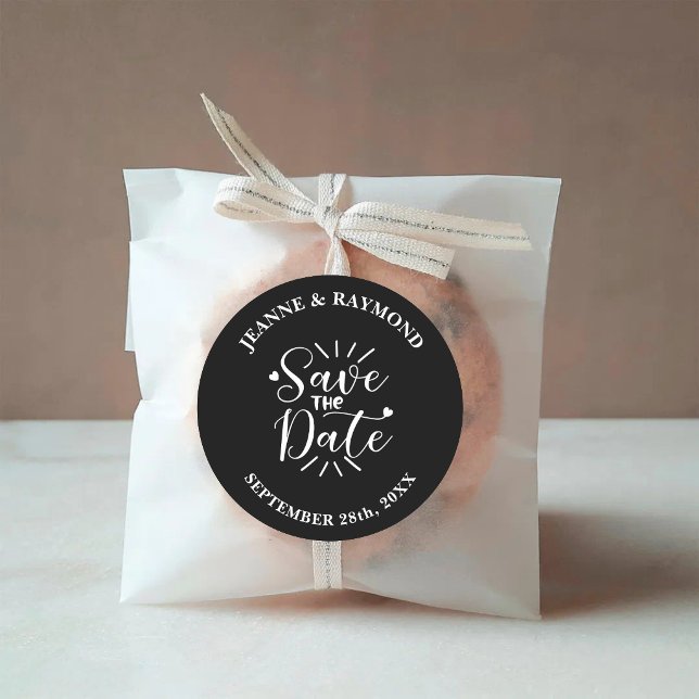 Stylish Calligraphy Black Wedding Save the Date Classic Round Sticker (Stylish black calligraphy sticker adds elegant flair to save the date envelopes.)