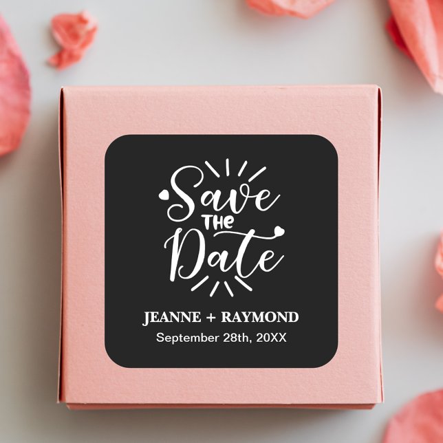 Stylish Calligraphy Black Wedding Save the Date Square Sticker (Stylish black calligraphy save the date square sticker adds chic elegance to invites)