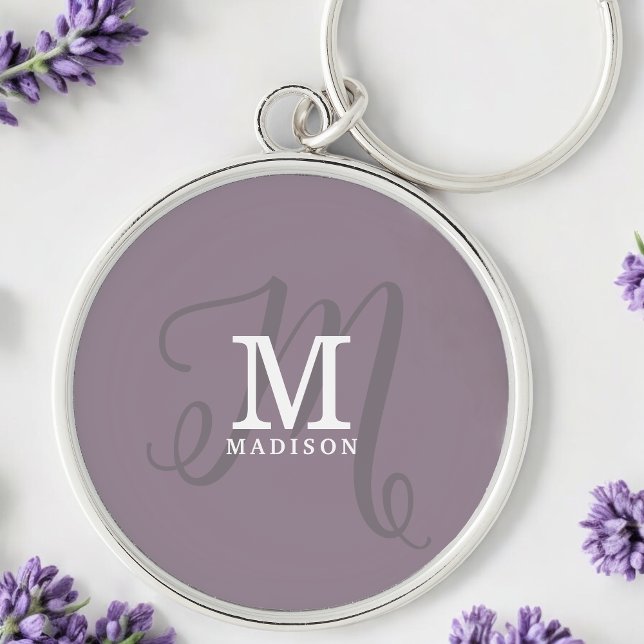 Stylish Calligraphy Monogram and Name Purple Key Ring (Personalize with your name and monogram initial.)