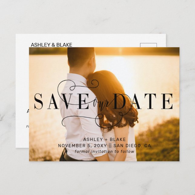 Stylish Calligraphy Photo Save the Date Announcement Postcard (Front/Back)