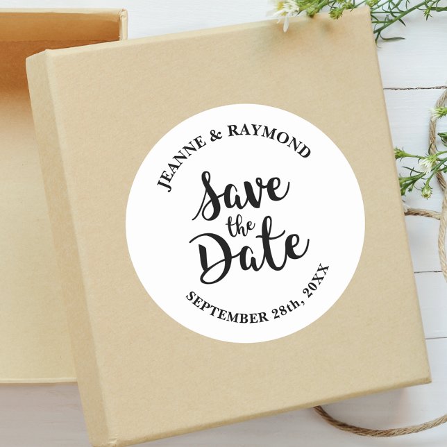 Stylish Calligraphy Save the Date Custom Wedding Classic Round Sticker (Stylish calligraphy sticker adds elegant charm to wedding save the date mail.)