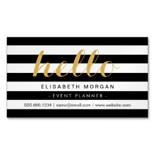 Stylish Calligraphy Say Hello Black White Stripes Magnetic Business Card