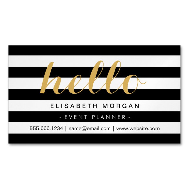 Stylish Calligraphy Say Hello Black White Stripes Magnetic Business Card (Front)