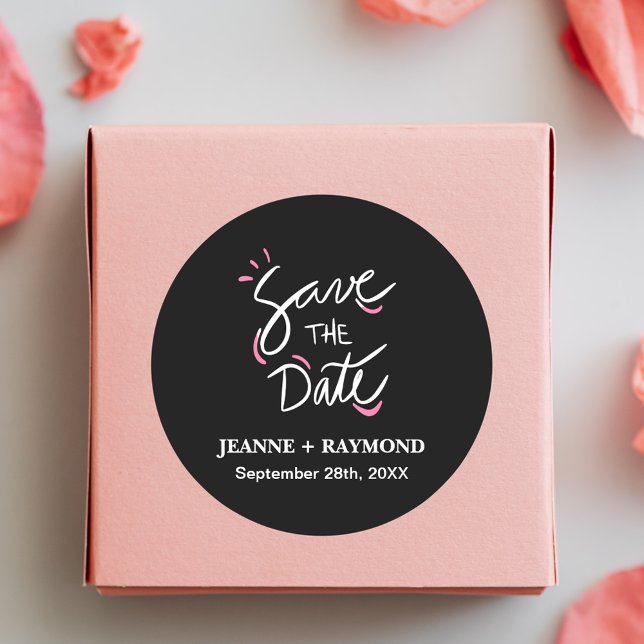Stylish Calligraphy Wedding Black Save the Date Classic Round Sticker (Creator Uploaded)