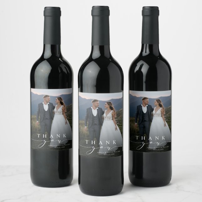 Stylish Calligraphy Wedding Thank You Photo Wine Label (Bottles)