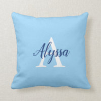 Stylish Calm Blue Monogram Script Throw Pillow