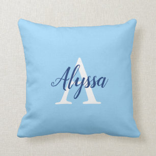 Stylish Calm Blue Monogram Script Throw Pillow