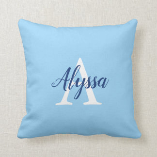 Stylish Calm Blue Monogram Script Throw Pillow