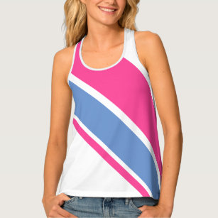 Stylish Candy Pink Blue Diagonal Stripes On White Tank Top