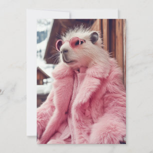Stylish Capybara in Pink Fur Coat and Sunglasses  Invitation