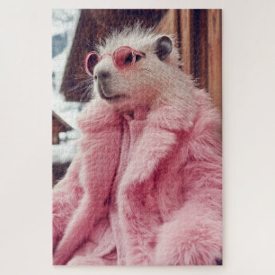 Stylish Capybara in Pink Fur Coat and Sunglasses  Jigsaw Puzzle
