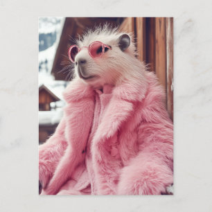 Stylish Capybara in Pink Fur Coat and Sunglasses Postcard