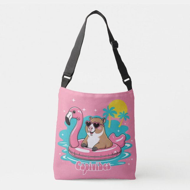 Stylish Capybara in Summer with Pink Flamingo Floa Crossbody Bag (Front)