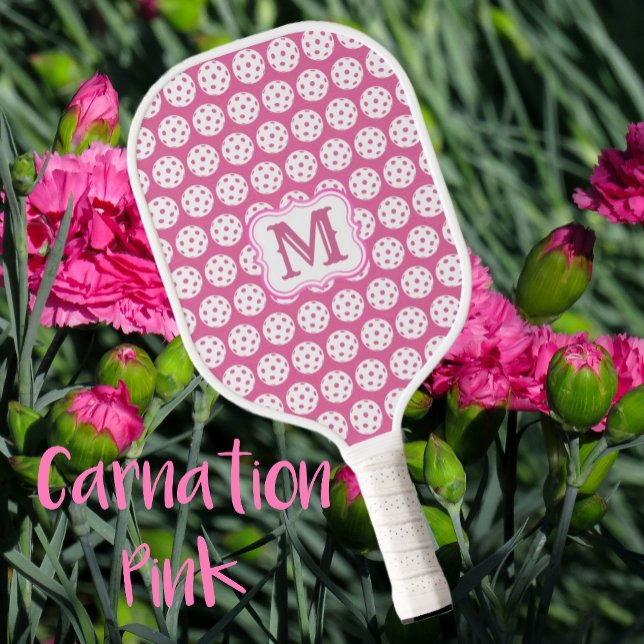 Stylish Carnation Pink and White Monogram Pickleball Paddle (Fun little white pickleballs dance on a Carnation Pink background. Monogram!)