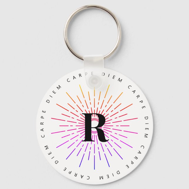 Stylish Carpe Diem Sun Symbol Monogram White Key Ring (Front)