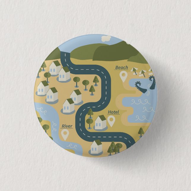 Stylish cartoon landscape vacation travel map 3 cm round badge (Front)