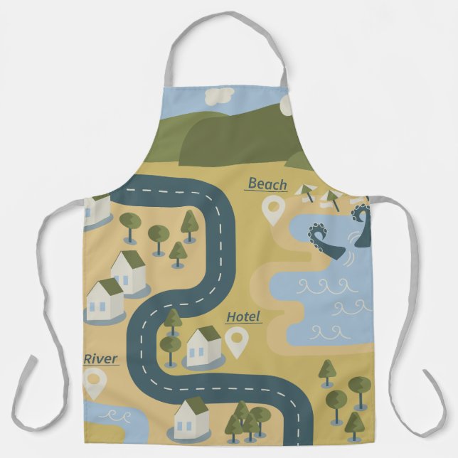 Stylish cartoon landscape vacation travel map apron (Front)