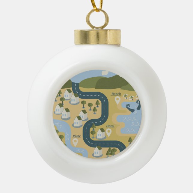 Stylish cartoon landscape vacation travel map ceramic ball christmas ornament (Front)