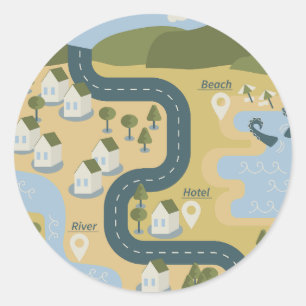 Stylish cartoon landscape vacation travel map classic round sticker