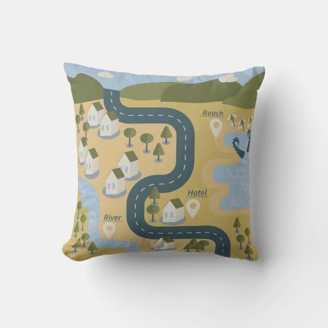 Stylish cartoon landscape vacation travel map cushion (Front)