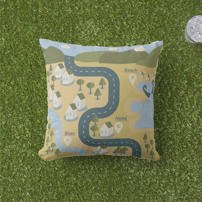 Stylish cartoon landscape vacation travel map cushion (Grass)