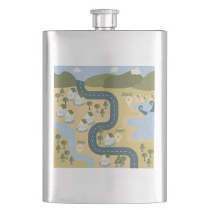 Stylish cartoon landscape vacation travel map hip flask