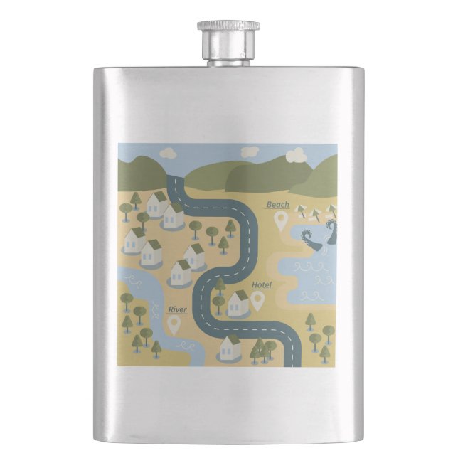 Stylish cartoon landscape vacation travel map hip flask (Front)