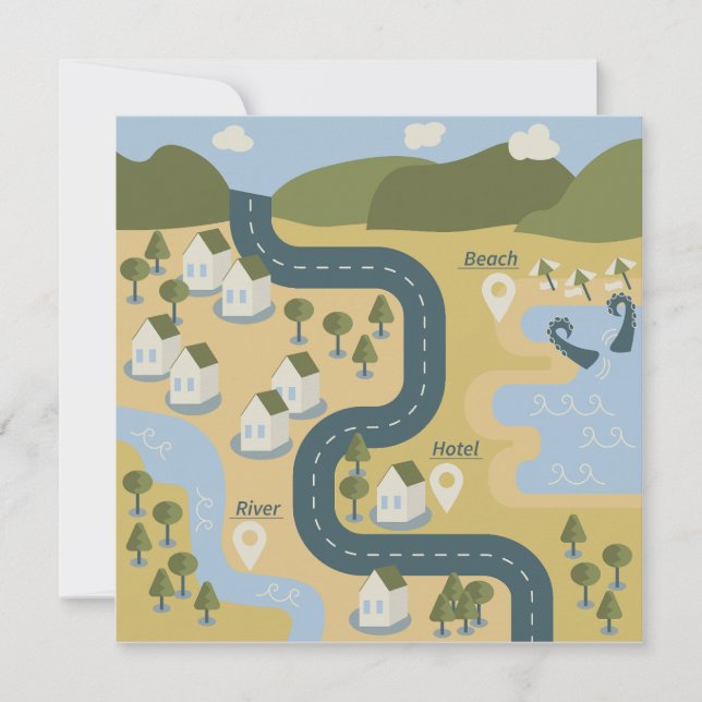 Stylish cartoon landscape vacation travel map invitation (Front)