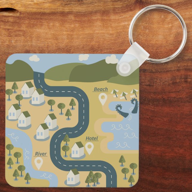 Stylish cartoon landscape vacation travel map key ring (Back)
