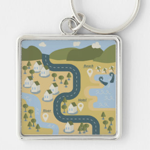 Stylish cartoon landscape vacation travel map key ring