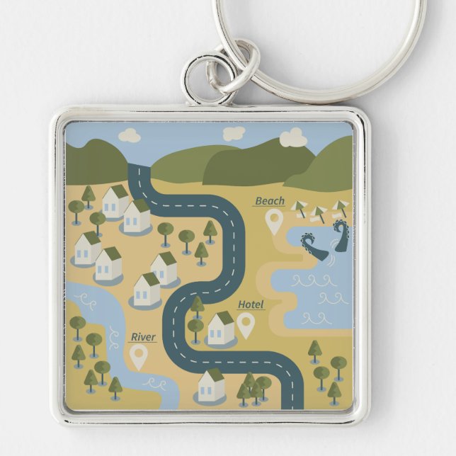 Stylish cartoon landscape vacation travel map key ring (Front)