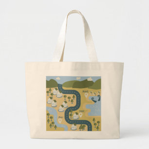 Stylish cartoon landscape vacation travel map large tote bag