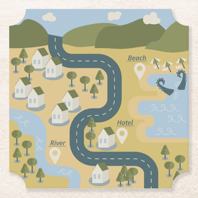 Stylish cartoon landscape vacation travel map paper coaster (Front)