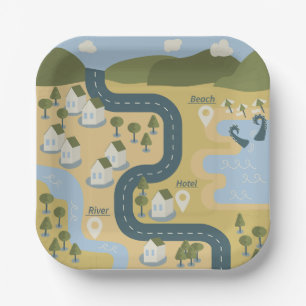 Stylish cartoon landscape vacation travel map paper plate