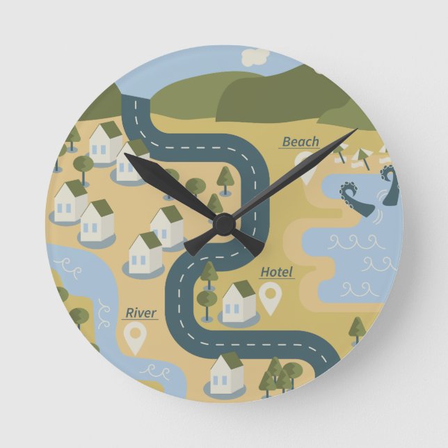 Stylish cartoon landscape vacation travel map round clock (Front)