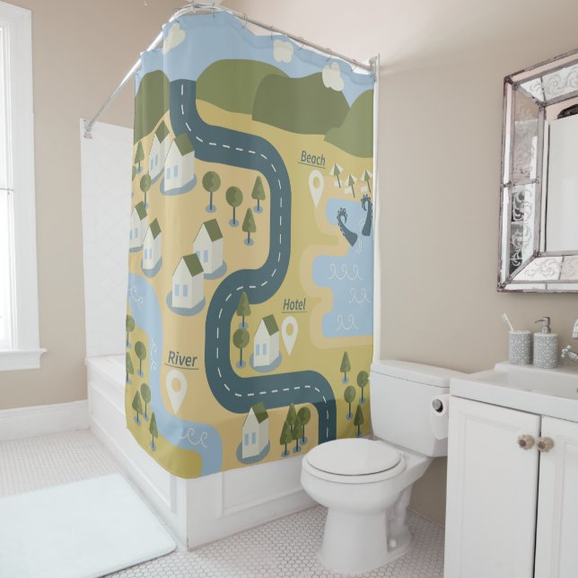 Stylish cartoon landscape vacation travel map shower curtain (In Situ)