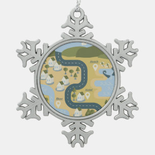 Stylish cartoon landscape vacation travel map snowflake pewter christmas ornament