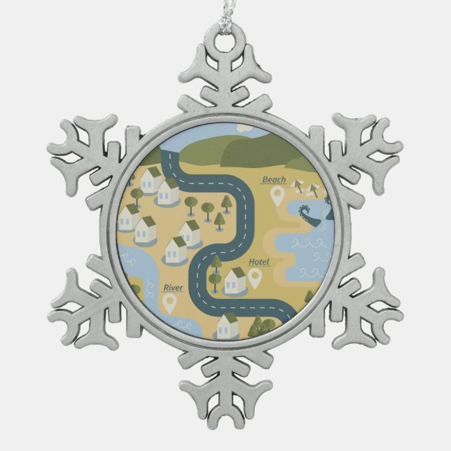Stylish cartoon landscape vacation travel map snowflake pewter christmas ornament (Front)