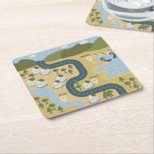 Stylish cartoon landscape vacation travel map square paper coaster