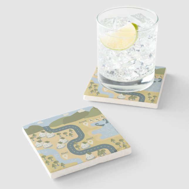 Stylish cartoon landscape vacation travel map stone coaster (Side)