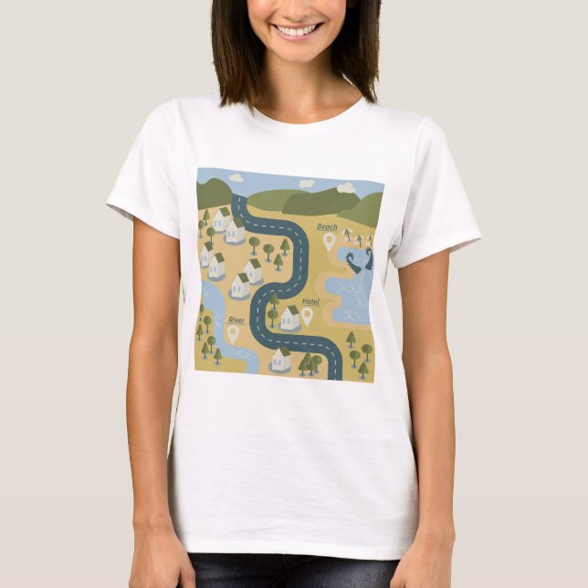 Stylish cartoon landscape vacation travel map T-Shirt (Front)
