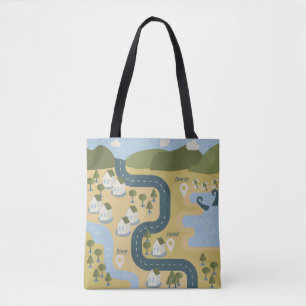 Stylish cartoon landscape vacation travel map tote bag