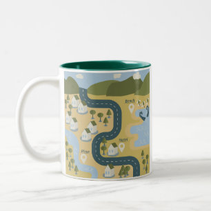 Stylish cartoon landscape vacation travel map Two-Tone coffee mug