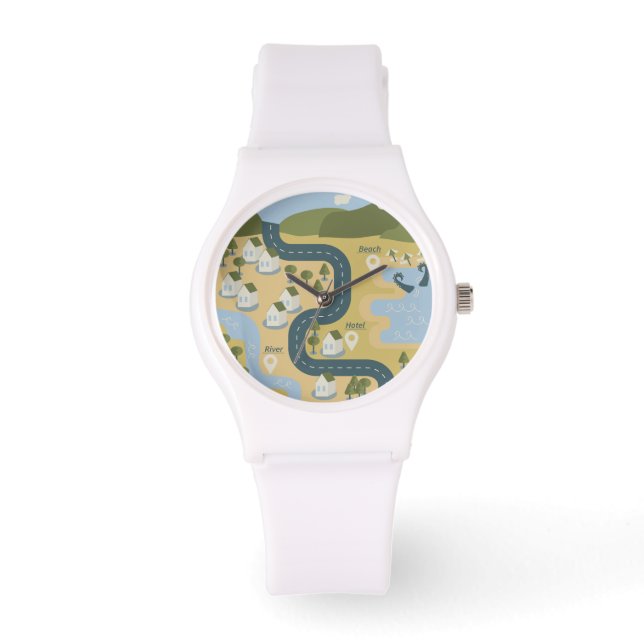 Stylish cartoon landscape vacation travel map watch (Front)