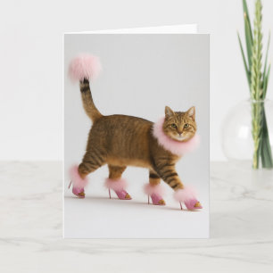 Stylish Cat in Pink Heels and Fluffy Glam Card