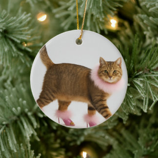 Stylish Cat in Pink Heels and Fluffy Glam Ceramic Tree Decoration