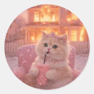   Stylish Cat in Pink Heels and Fluffy Glam       Classic Round Sticker