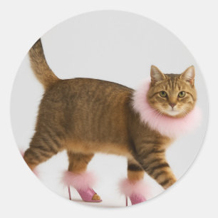 Stylish Cat in Pink Heels and Fluffy Glam Classic Round Sticker